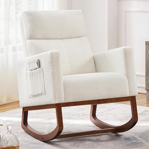Ivory Boucle Padded Rocking Chair with Side Pockets and Wood Base