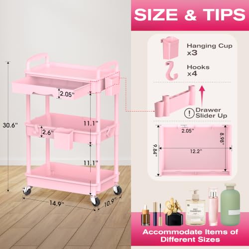 Goovilla 3-Tier Pink Makeup Organizer Cart with Removable Drawer and Lockable Wheels