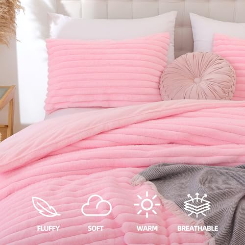 Pink Faux Fur Queen Comforter Set - 3-Piece Plush Fleece Bedding Set