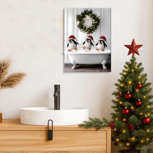Funny Penguins Christmas Bathroom Wall Art Decor - Canvas Print G - 11x15 Inches