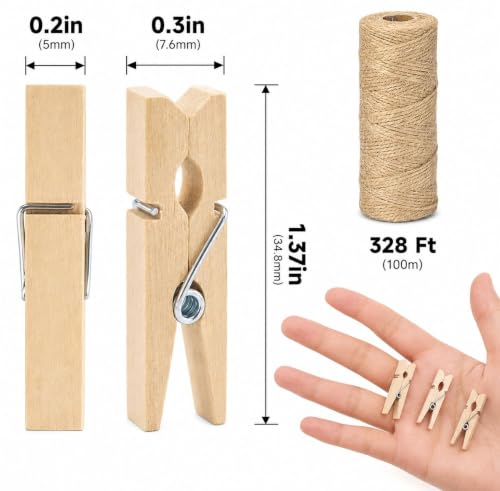 100Pcs 1.4-Inch Mini Wooden Clothespins with 328ft Jute Twine for Photo Display