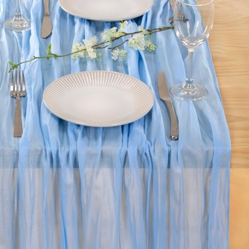 Light Blue Cheesecloth Table Runner, 35x120 Inch Boho Gauze Table Decor