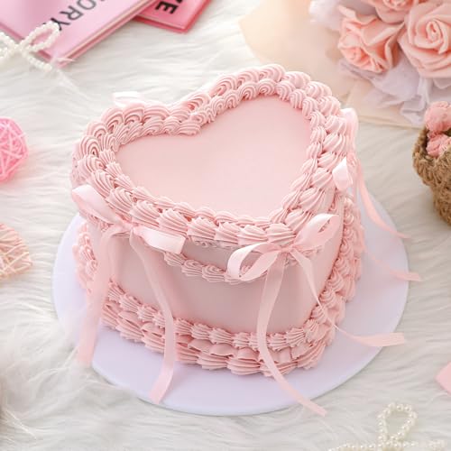 6-Inch Heart Shaped Pink Fake Cake Prop with Bow for Party Decor