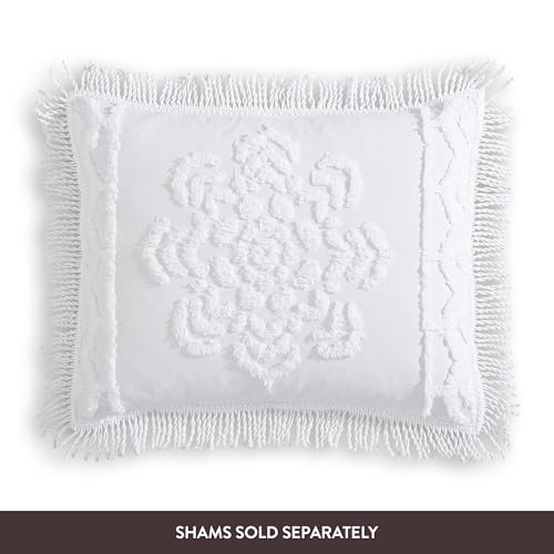 Queen Lotus Medallion Chenille Bedspread - 100% Cotton, White