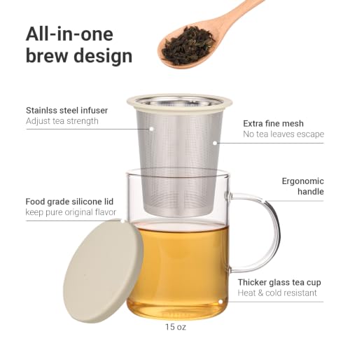 Emoi 15 oz Glass Tea Cup with Infuser & Lid, Loose Leaf Tea Brewer
