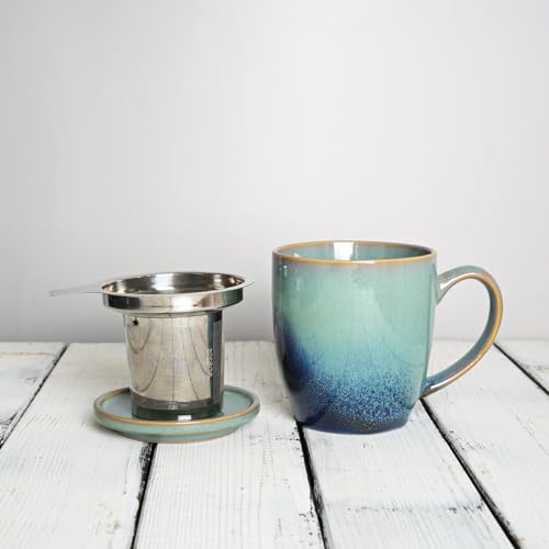 Bosmarlin 16 Oz Ceramic Tea Mug with Infuser & Lid - Pale Green, Microwave & Dishwasher Safe