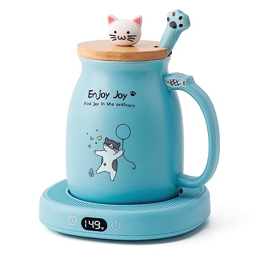 Blue Cat Mug Warmer Set with Ceramic Cup & Spoon - Electric Heated Desk Coffee & Tea Warmer