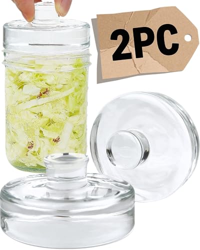 Glass Fermentation Weights 2-Pack for Wide Mouth Mason Jars, 7.1oz Heavy Clear Glass Pickle Weights with Easy Grip
