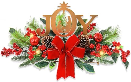 LED Christmas Centerpiece with Joy Sign, Pine Greenery & Lights