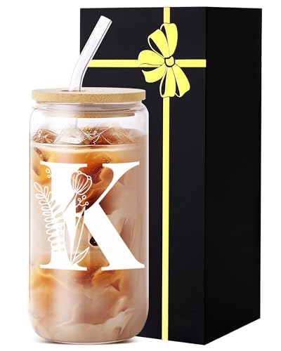 Yekidos Personalized Glass Tumbler with Lid & Straw - Monogram Initial K, Teacher Appreciation Gift, Woman Retirement Present, Work Essentials