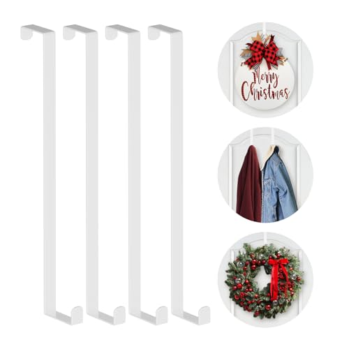 14-Inch Over the Door Wreath Hangers - Heavy Duty Metal Hooks (4-Pack, White)