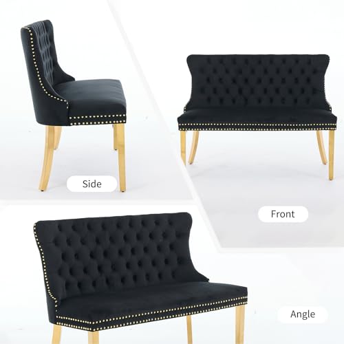 Black Velvet Dining Bench with Back & Gold Stainless Steel Legs - Shenyon, Tufted Banquette Seating, Modern Home Decor