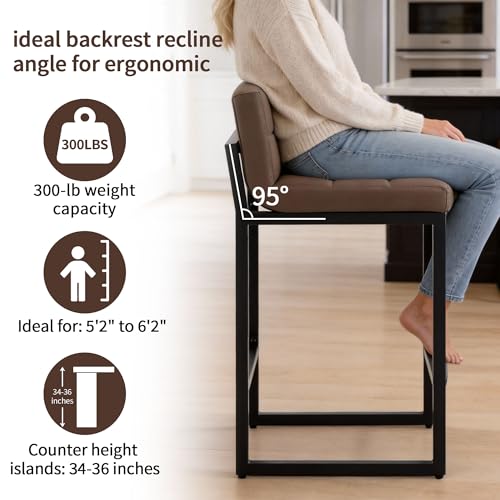 26-Inch PU Leather Counter Height Bar Stools - Set of 3, Coffee Brown