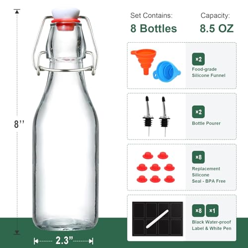8-Pack 8.5oz Flip Top Glass Bottles with Airtight Stopper and Pourers