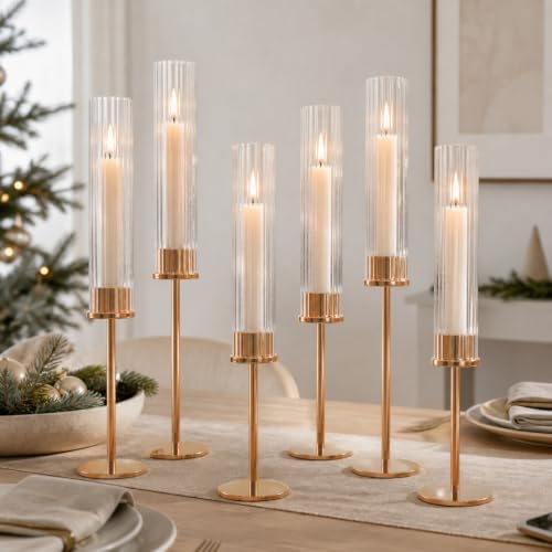 COZYLIA Set of 6 Tall Gold Hurricane Candle Holders for Candles, Indoor & Outdoor