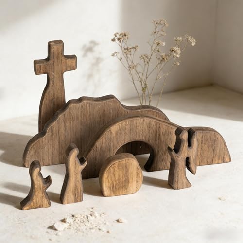 Wooden Easter Resurrection Scene Decor - 7-Piece Empty Tomb Tabletop Set