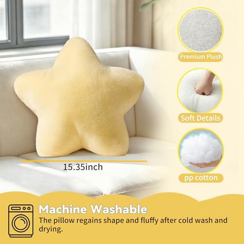 2-Piece Star Throw Pillow Set, 15-Inch Aesthetic Yellow Plush Cushions