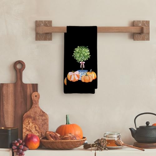 Tzhim Fall Pumpkin Kitchen Hand Towels with Bowknot - 16x24in Decorative Tea Towels