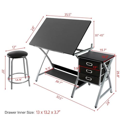 Adjustable Drafting Table with Storage Drawers and Padded Stool