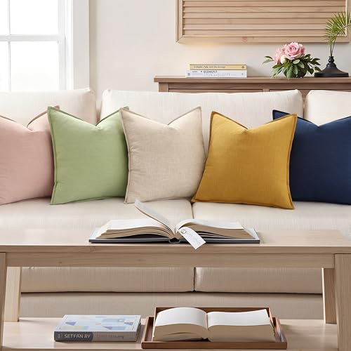 decorUhome Beige Linen Throw Pillow Covers 20x20 Set of 2 with Flange Edge