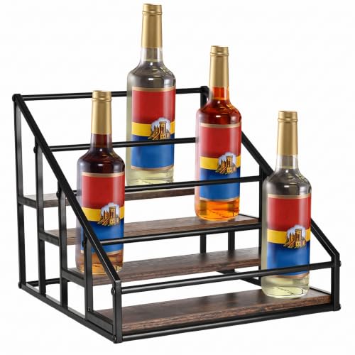 4-Tier Coffee Syrup Organizer Rack - 16 Bottle Rustic Wood Countertop Holder