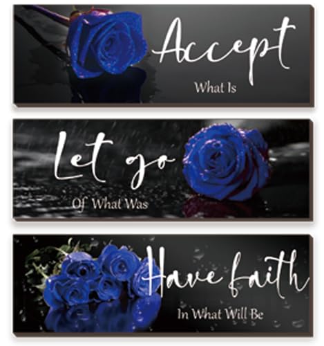 3-Piece Inspirational Floral Wooden Wall Art Set - Blue Rose Decor 12x4 Inch
