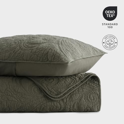 EverGrace 100% Cotton Paisley Quilt Set - King, Olive Green, 3 Pieces