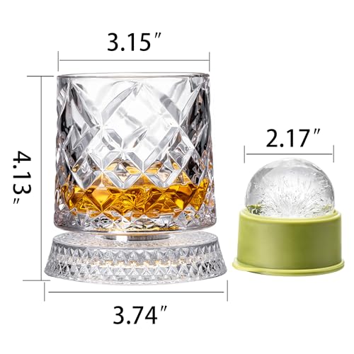 Spinning Whiskey Glass Set of 4 with Rotating Bases and Ice Ball Molds