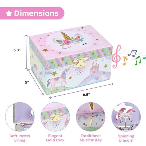 Musical Jewelry Box for Girls with Spinning Unicorn and Rainbow Design