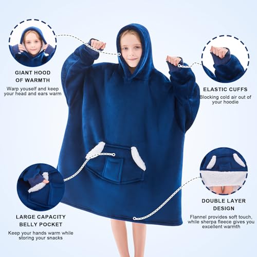 Nord Eco Navy Blue Wearable Blanket Hoodie for Kids & Teens 6-13 | Sherpa Fleece Hooded Blanket Sweatshirt