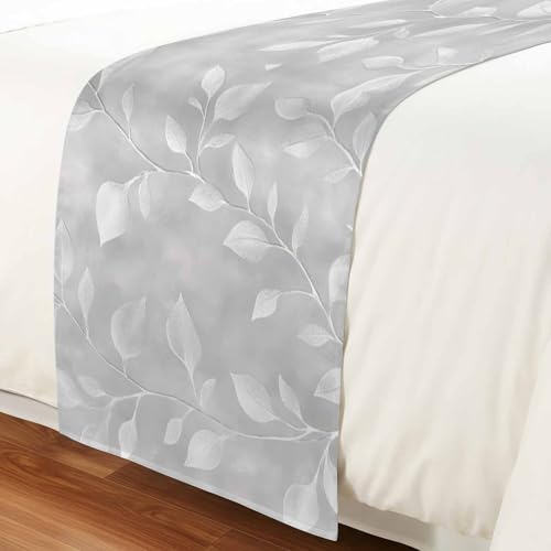 Silver Gray Leaf Bed Runner, 102x20 Inch Cal King Decorative Bed Scarf