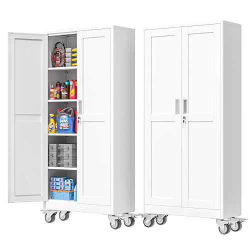 71-Inch Tall Metal Storage Cabinet with Wheels and Adjustable Shelves, White