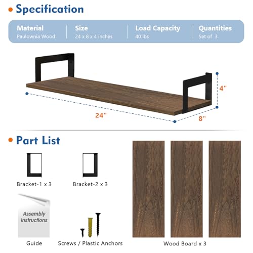 3-Pack 24-Inch Floating Wall Shelves, Rustic Solid Wood Bookshelf Set