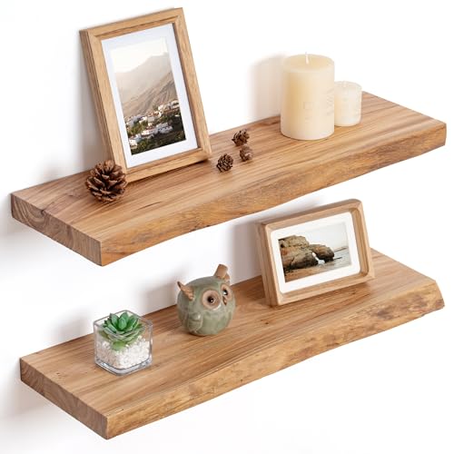 Rustic Live Edge Floating Shelves - Solid Elm Wood Wall Shelves (24 Inch, Set of 2)