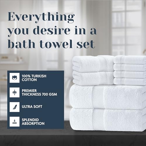 White Classic 8-Piece Turkish Cotton Bath Towel Set, Highly Absorbent