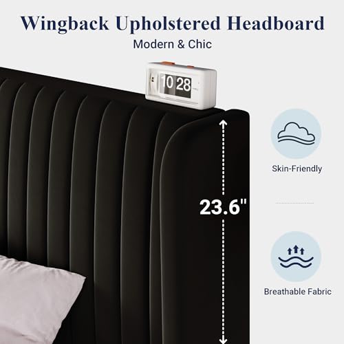 Queen Size Velvet Platform Bed Frame with Wingback Headboard, Black