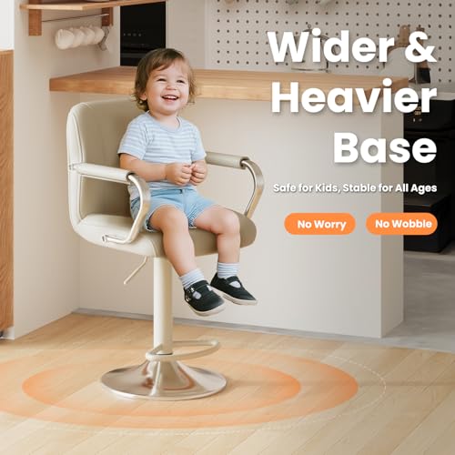 Set of 2 Beige Adjustable Swivel Bar Stools with Backs and Armrests