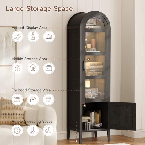71" Narrow Arched Display Cabinet with Glass Doors and Dimmable LED Lights