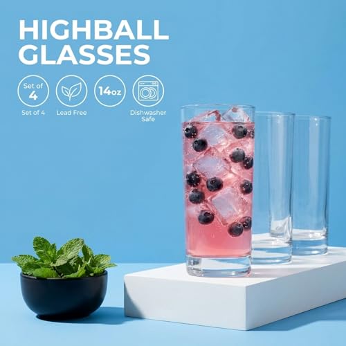Godinger Italian-Made Tall Highball Glasses Set of 4 - 14oz Drinking Glassware