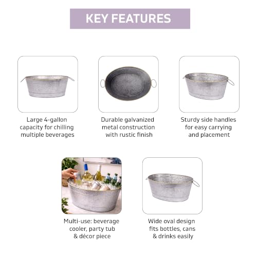 Galvanized Metal Beverage Tub with Handles - 4 Gallon Ice Bucket for Beer Wine Party