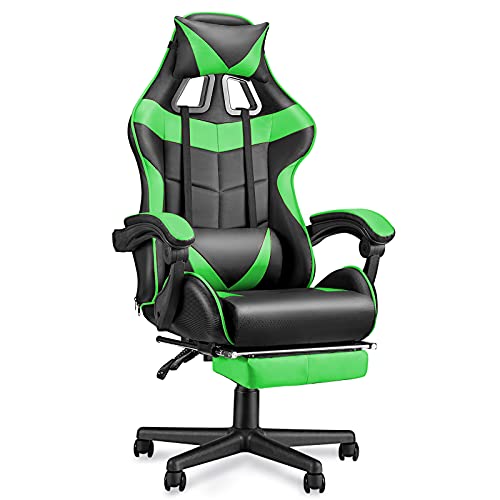Ergonomic Gaming Chair with Footrest, Lumbar Support & Recliner, Green