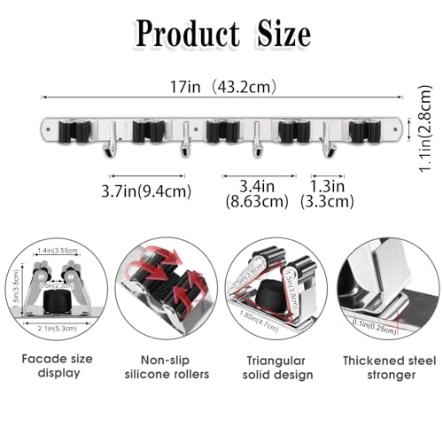 Stainless Steel Broom Holder Wall Mount with 5 Racks and 4 Hooks