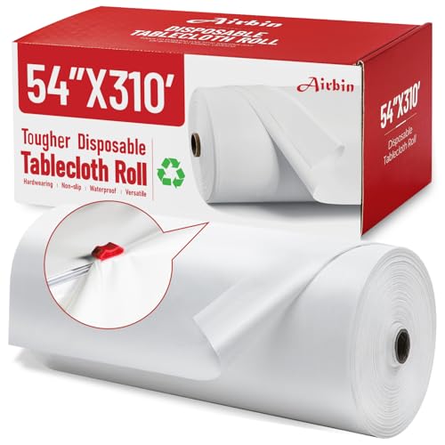 Disposable White Plastic Tablecloth Roll with Sliding Cutter, 310ft x 54in