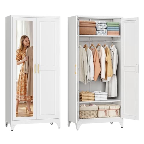 71-Inch Metal Wardrobe Closet with Mirror Door and Adjustable Shelves