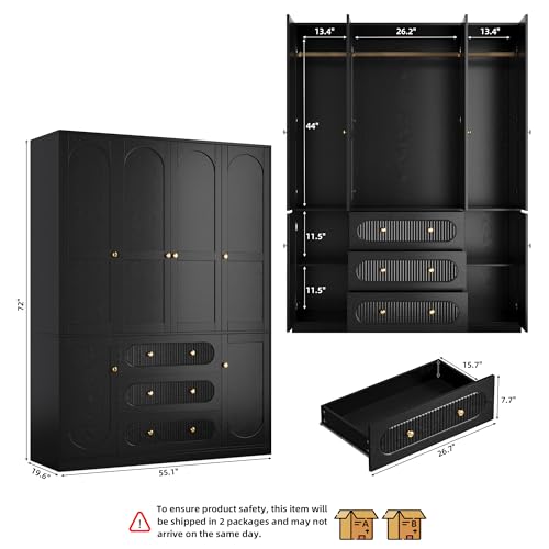 72" Freestanding 4-Door Wardrobe Armoire with 3 Drawers & Hanging Rods