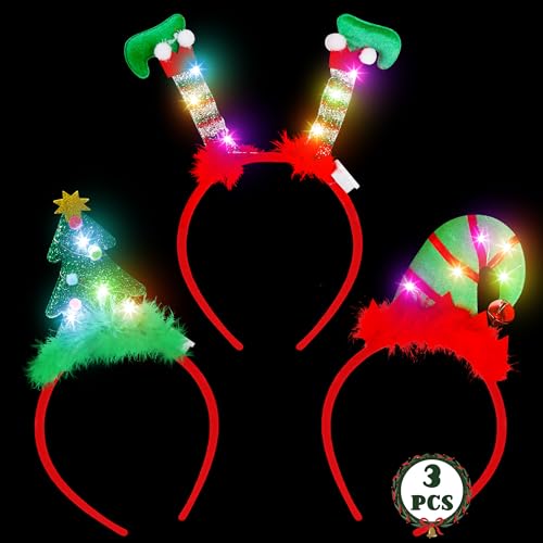 HOVACY 3 Pcs Light Up Christmas Headbands - Tree, Santa Hat & Elf Headwear, Flashing LED Holiday Headpieces