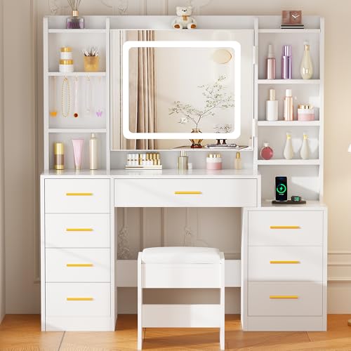 Large Makeup Vanity Desk with Lights, Mirror, Stool and Charging Station