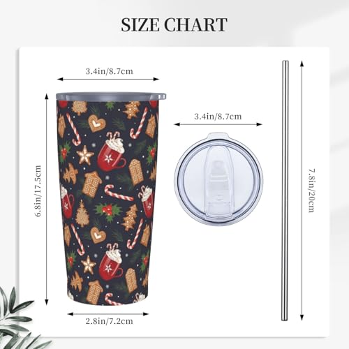 YIKISSKID Red Brown Christmas 20oz Insulated Tumbler with Lid & Straw - Candy Cane & Snowflake Design