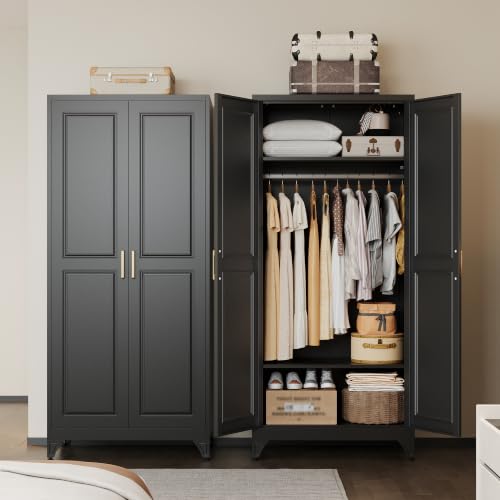 71-Inch Metal Wardrobe Closet with Hanging Rod and Adjustable Shelves