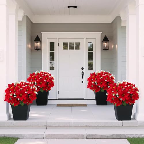 ZYZEV 14'' Artificial Poinsettias and Eucalyptus 12 Bunches Red - UV-Resistant Outdoor